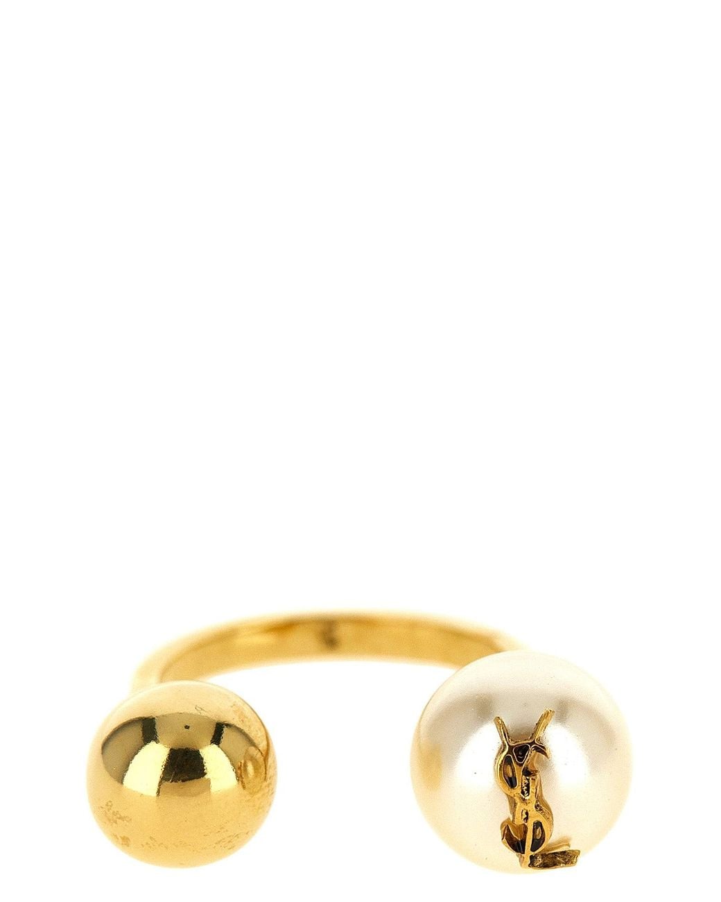 Saint Laurent White Cassandre Open Ring With Pearl And Sculptural Sphere