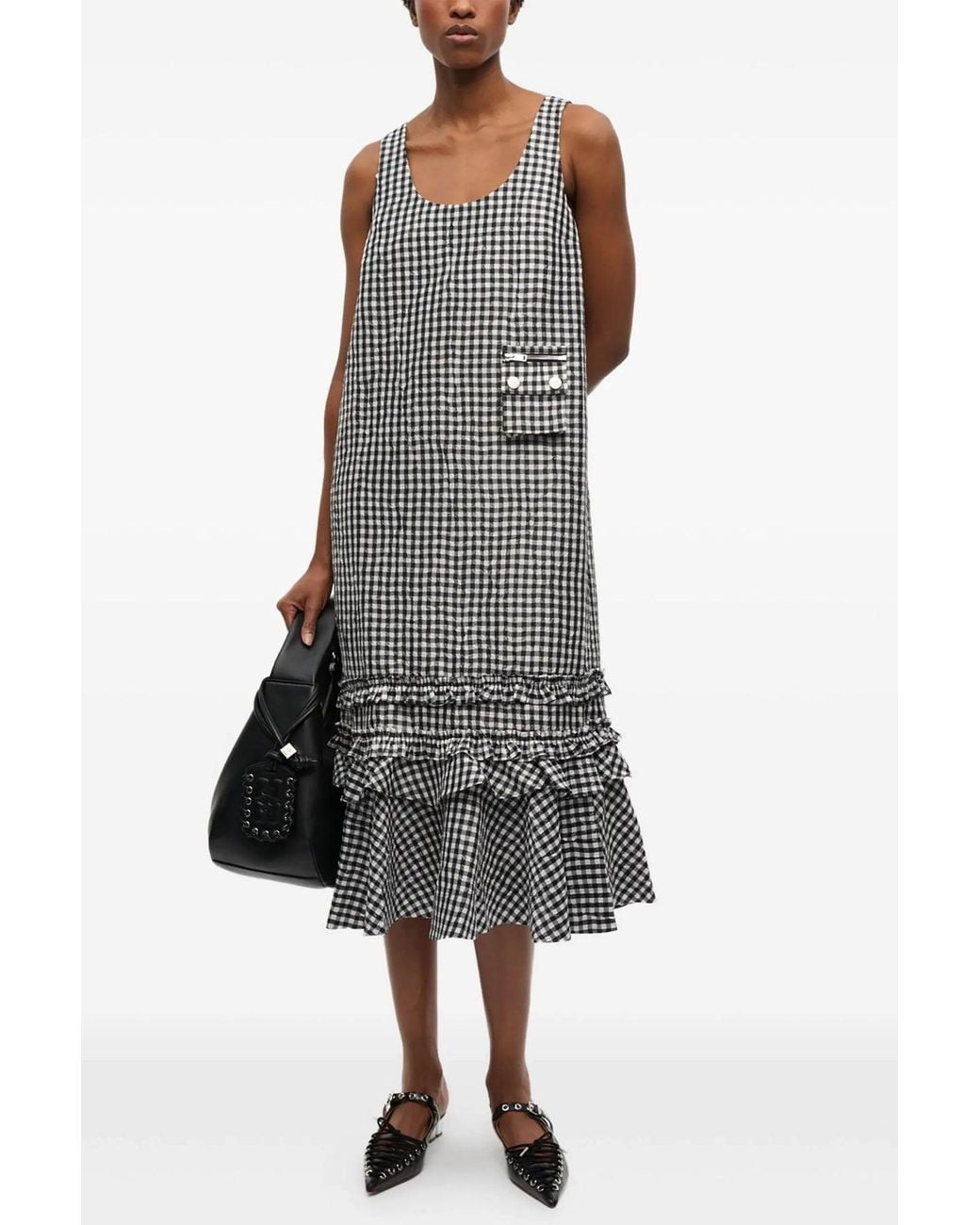 Ganni Gray Dress 'Crinkled Taffeta Check U-Neck Long Dress'