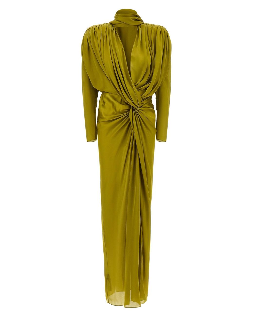 Balmain Green Draped Silk Dress With Knot