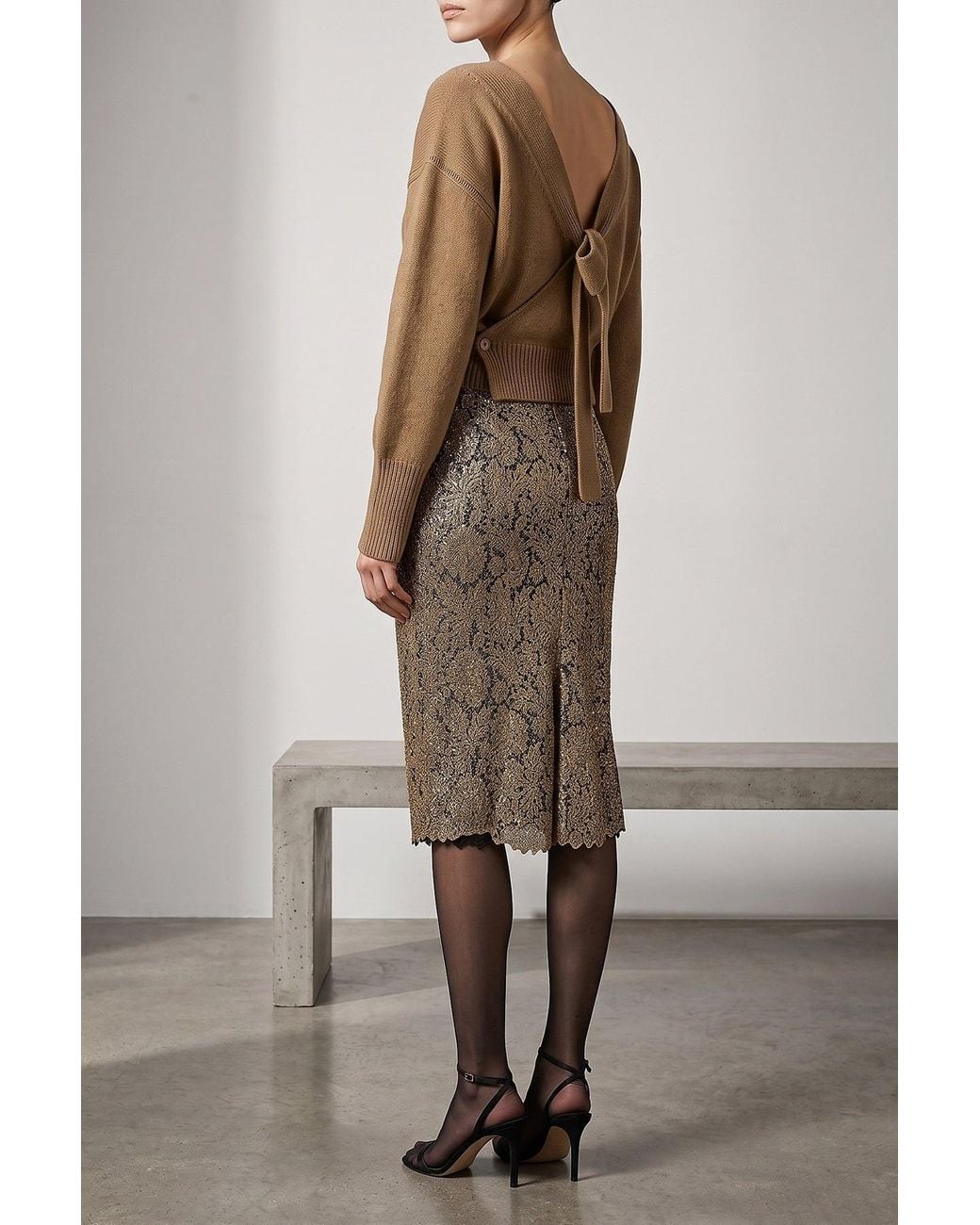 Ermanno Scervino Natural Embroidered Tulle Pencil Skirt