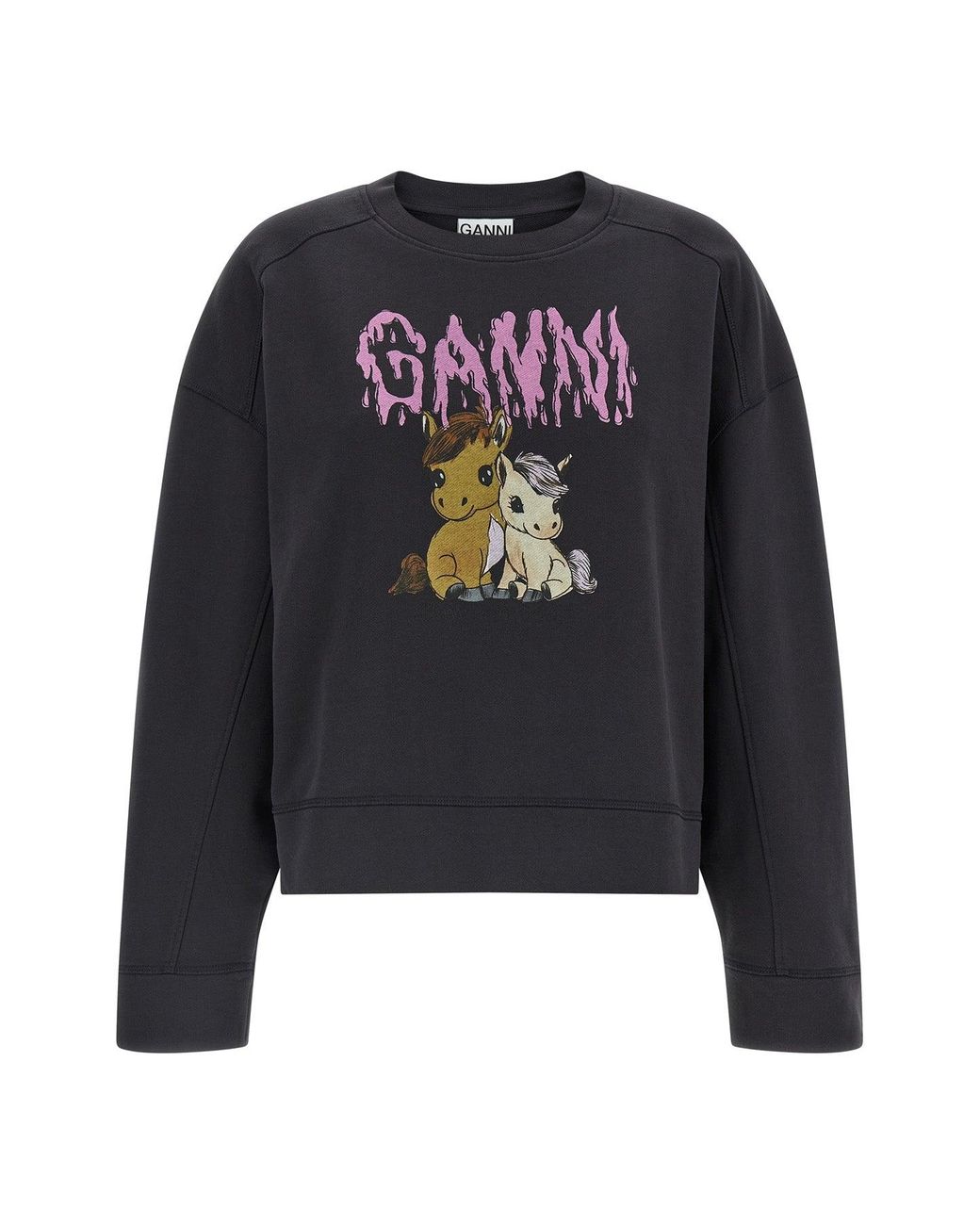 Ganni Black Crewneck Sweatshirt With Graphic Print