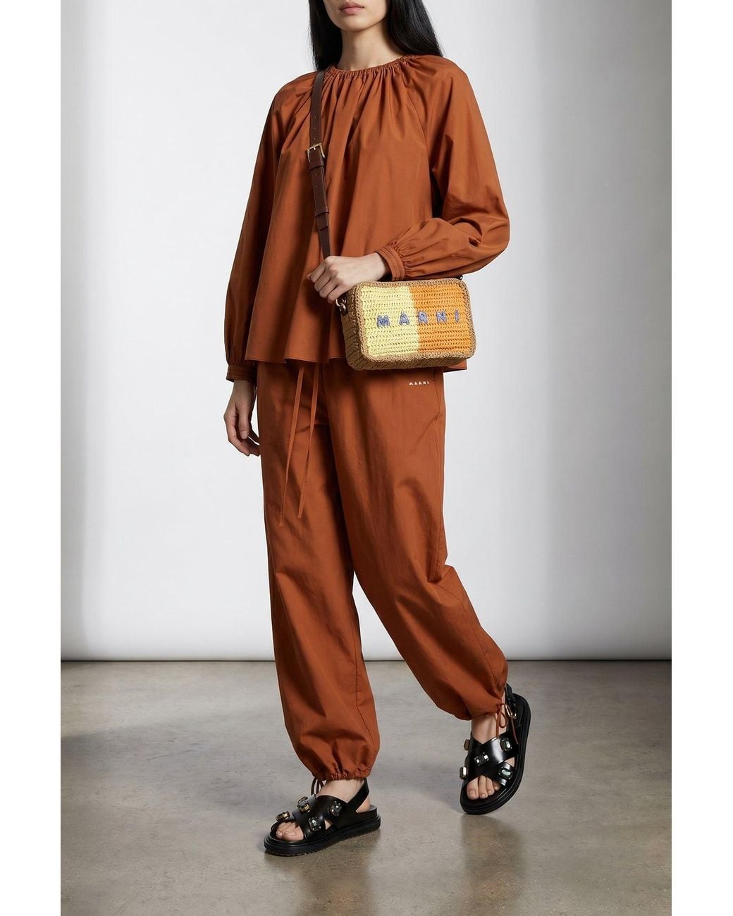 Marni Brown Cotton Blouse With Contrast Stitching