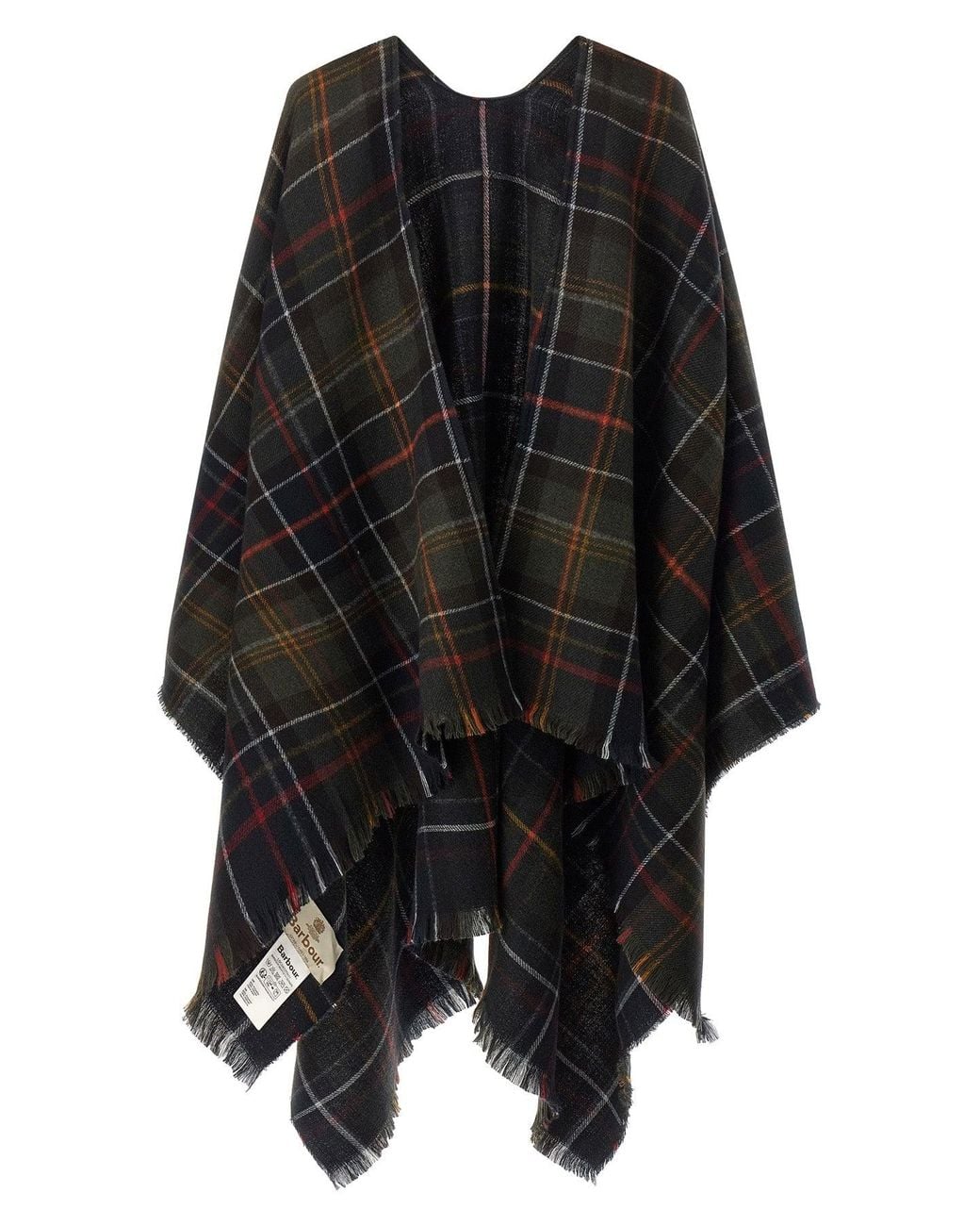 Barbour Black Serape With Tartan Pattern And Fringed Hem