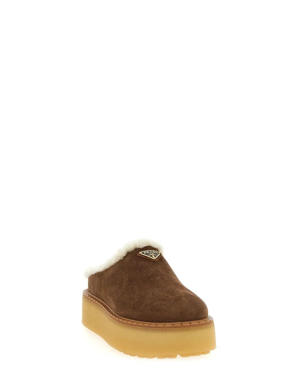 Prada Brown Suede Sabots With Enamel Logo