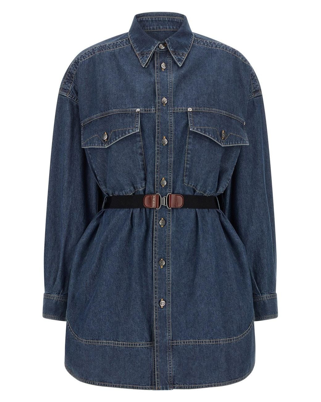 Versace Blue Chambray Cotton Shirt Dress With Medusa Hardware