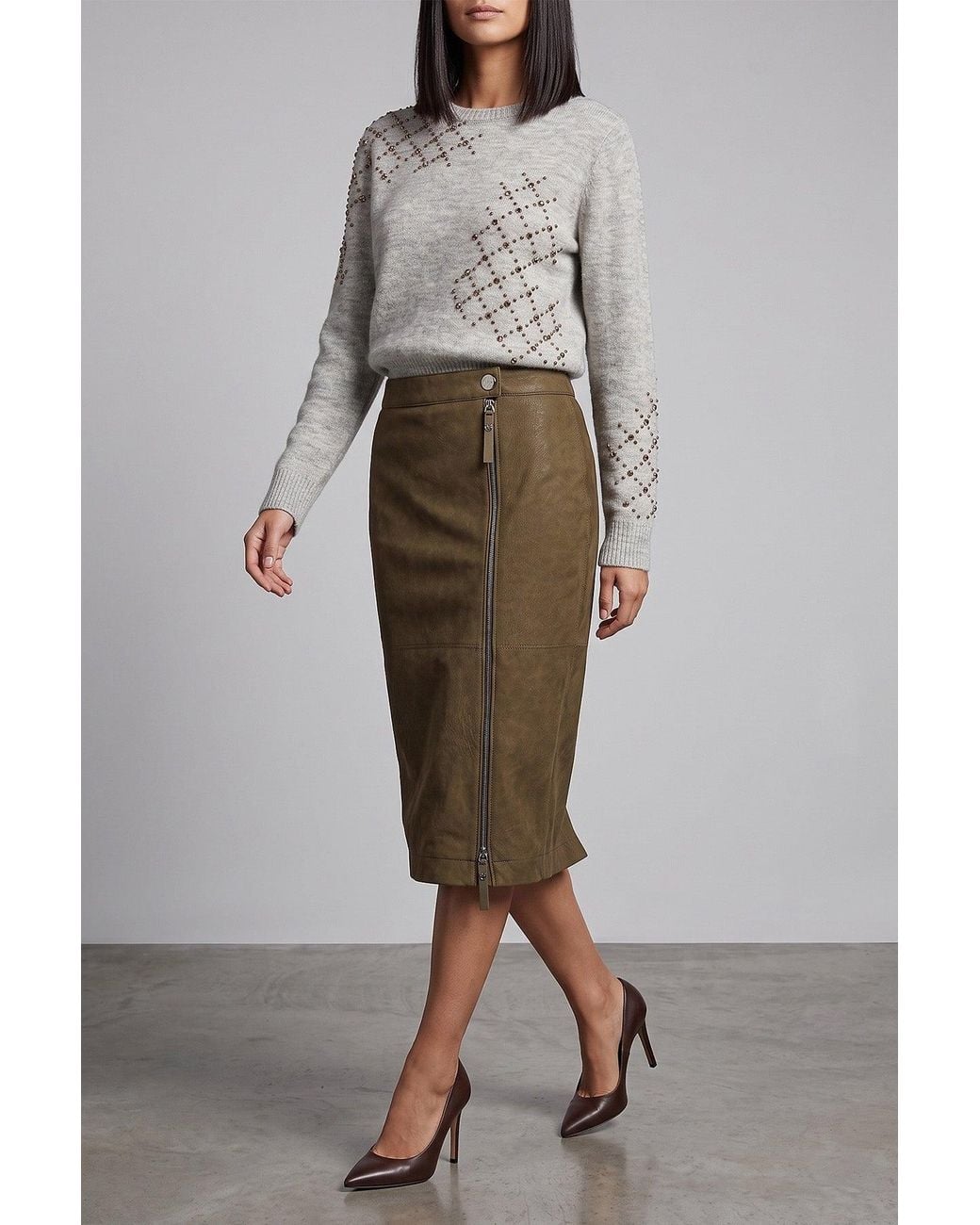 Pinko Green Montiano Nubuck-Effect Midi Skirt