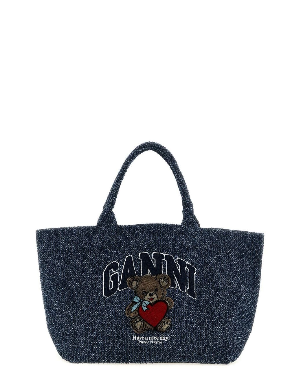Ganni Blue Shopping Bag Embroidered Bear Detail