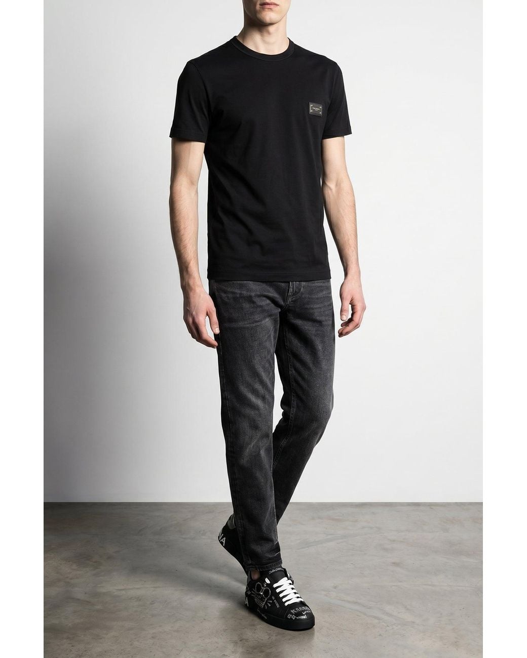Dolce & Gabbana Black T-Shirt With Metal Logo Plaque for men