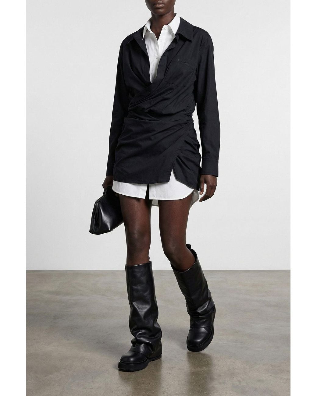 The Attico Black Double Layer Shirt Dress With Draped Detail