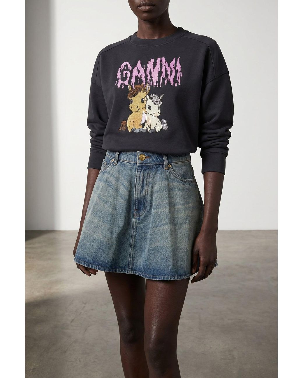 Ganni Black Crewneck Sweatshirt With Graphic Print