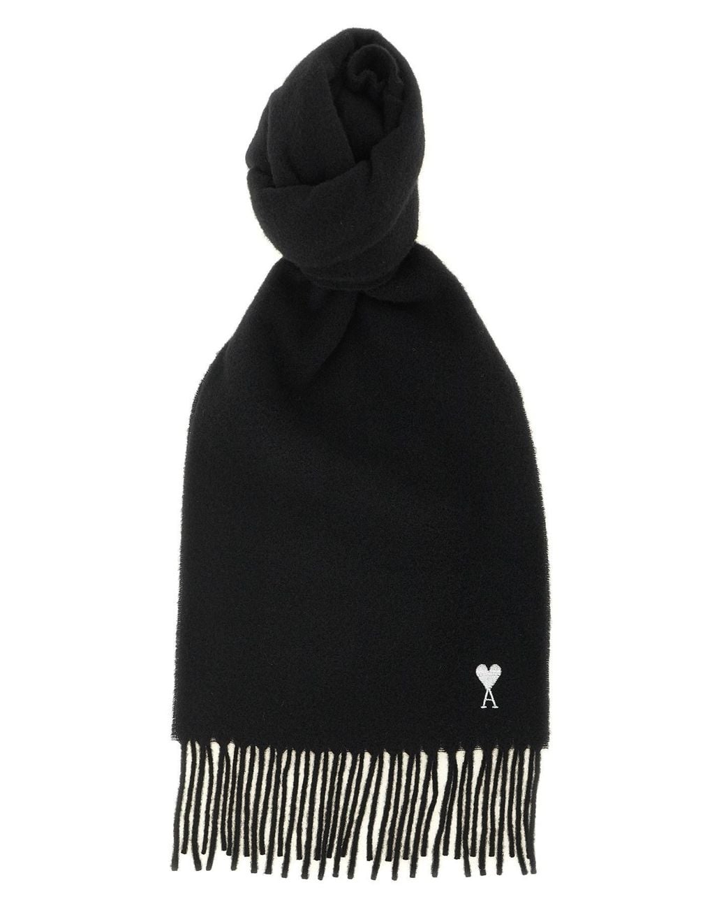 AMI Black 'Quota' Scarf With Adc Embroidery And Fringes