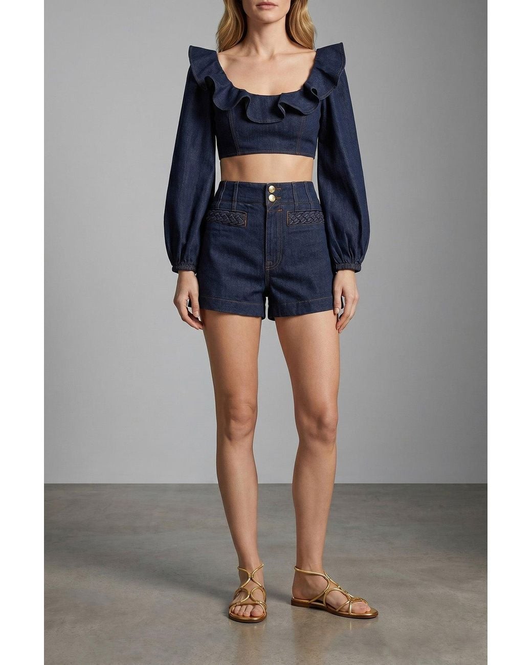Zimmermann Blue Cropped Denim Top With Ruffled Neckline