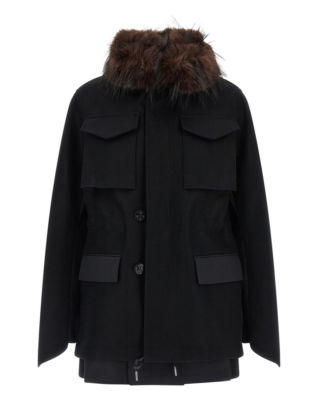 Sacai Black Wool Coat With Fur Insert
