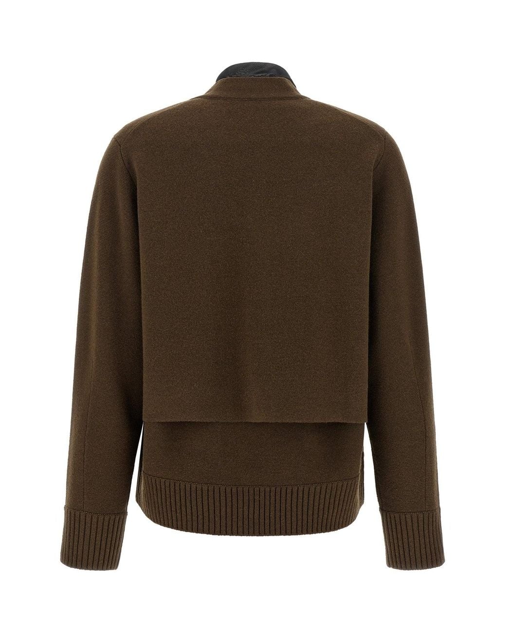 Sacai Brown Wool Knit Cardigan With Layered Construction