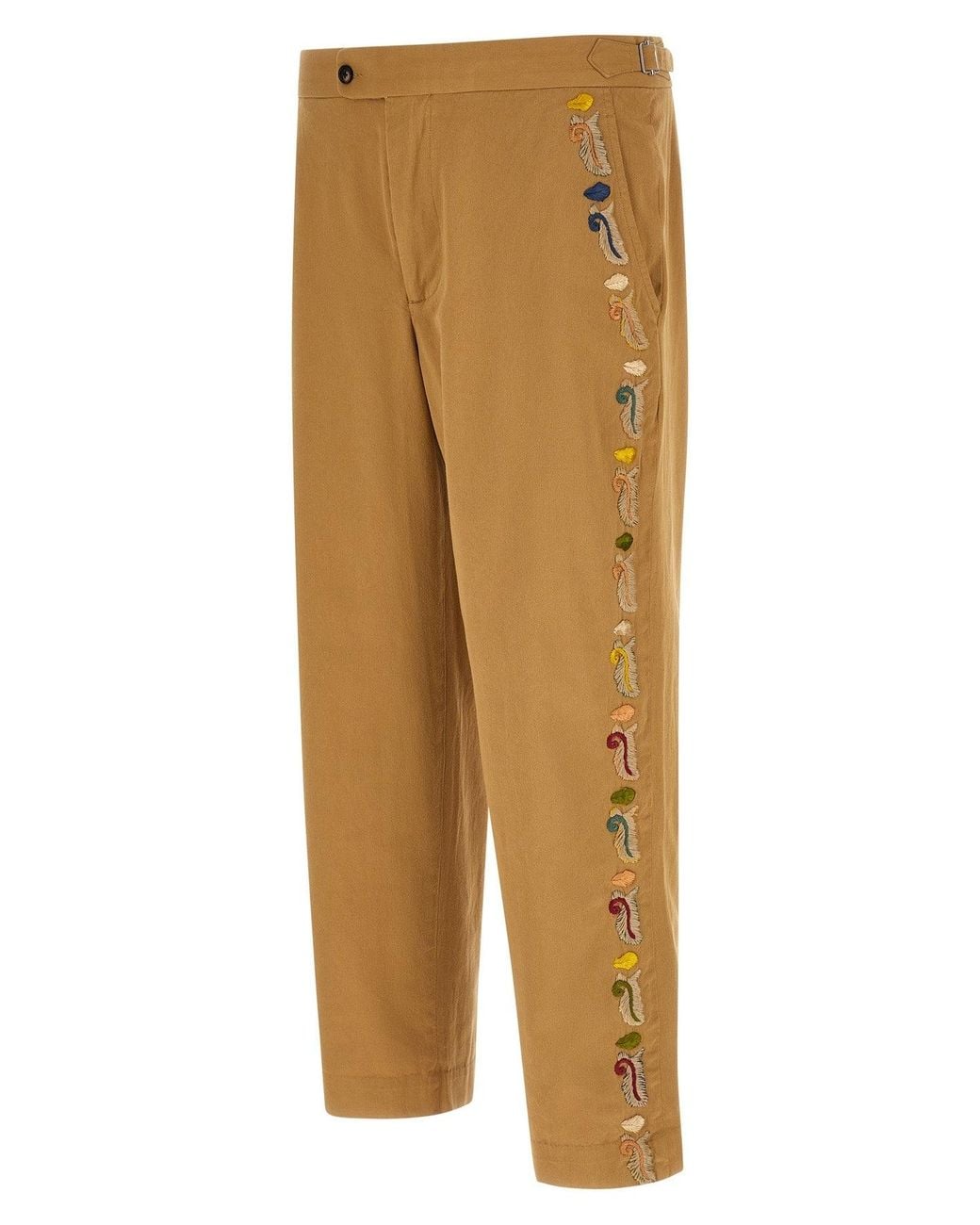 Bode Natural Cotton Trousers With Feather Runner Embroidery for men