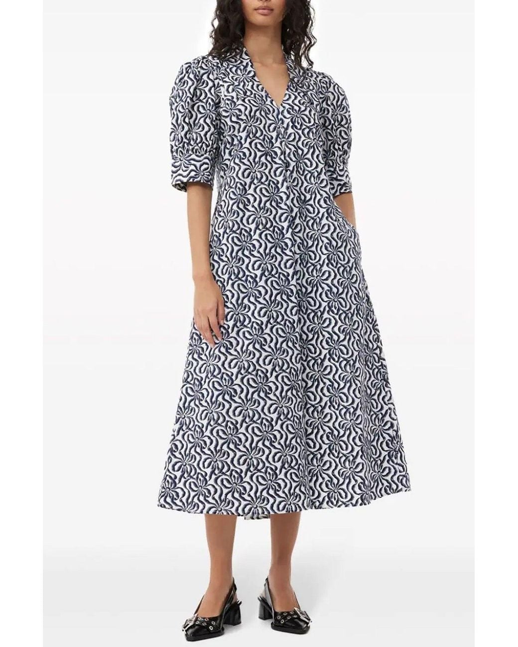 Ganni Gray 'Printed Cotton Poplin V-Neck Long' Dress