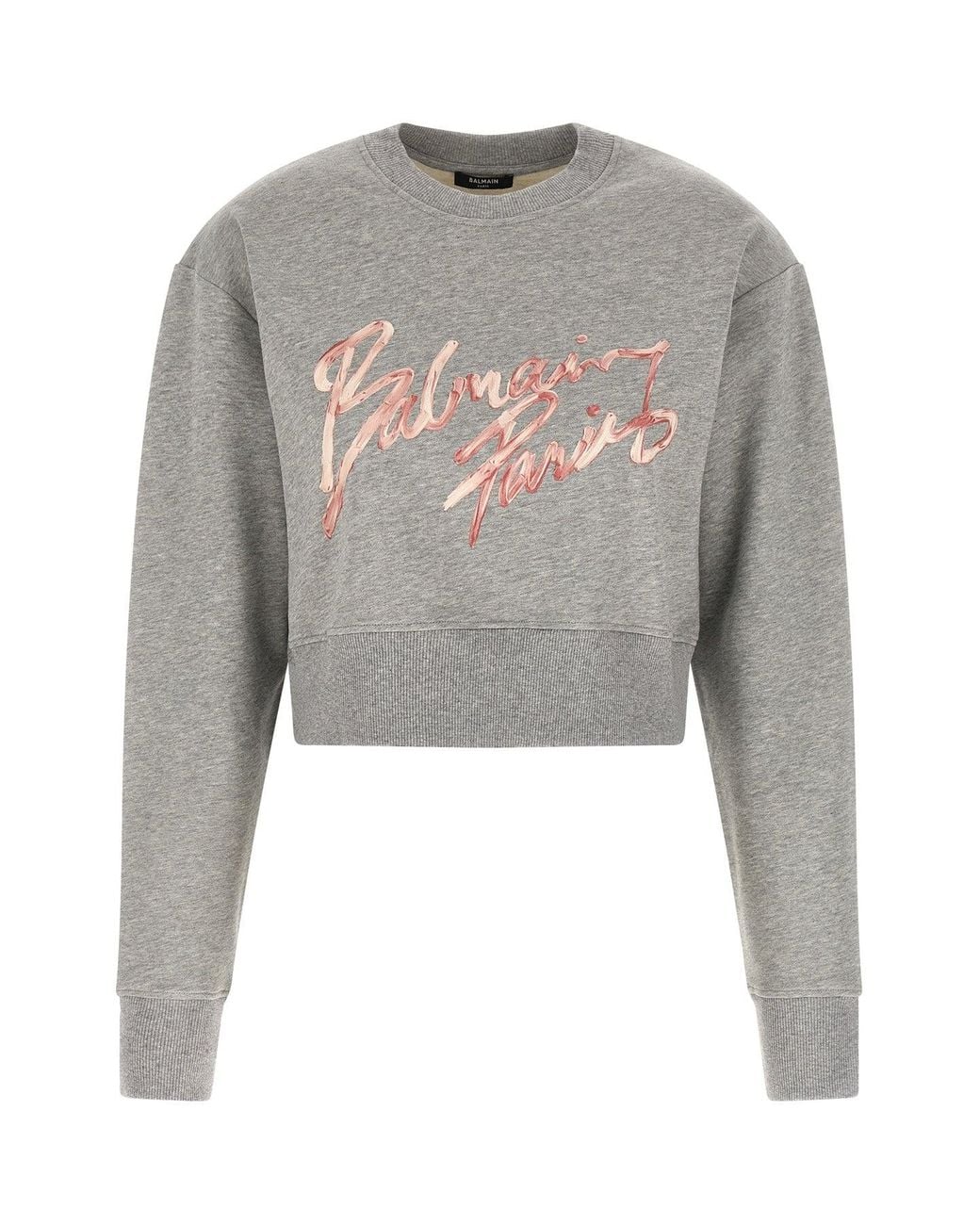 Balmain Gray Cropped Sweatshirt With Textured Logo
