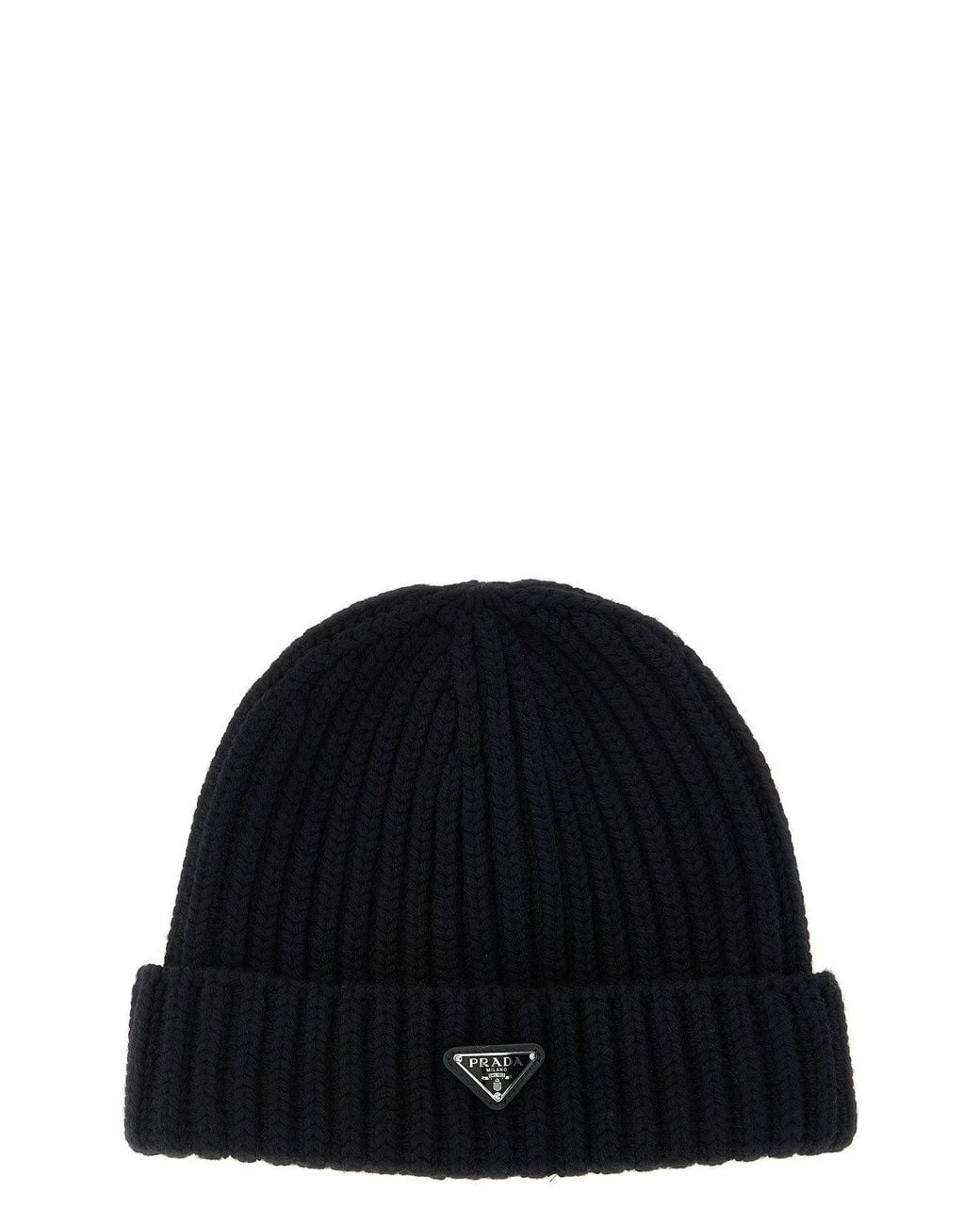 Prada Black Triangle Logo Beanie for men
