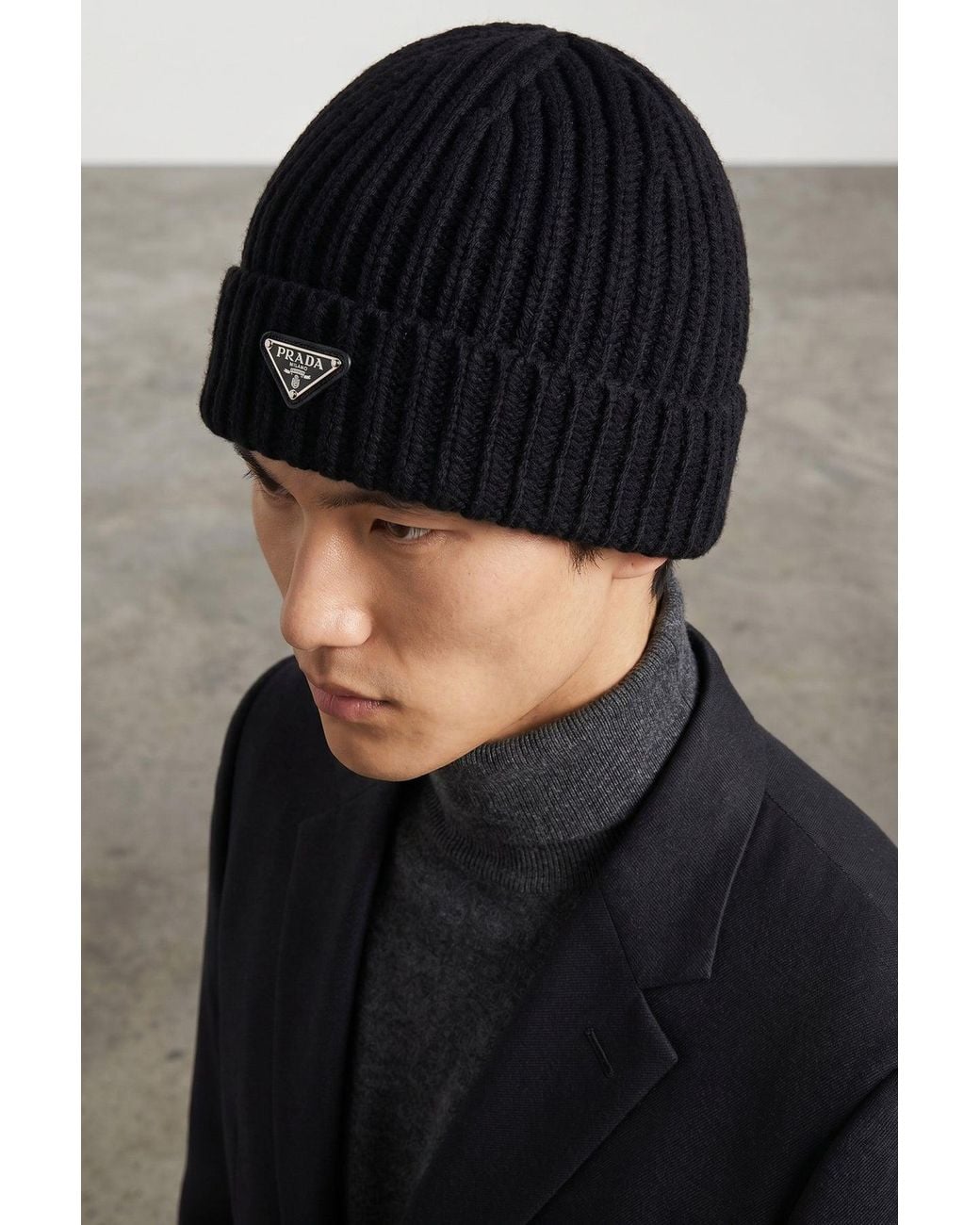 Prada Black Triangle Logo Beanie for men