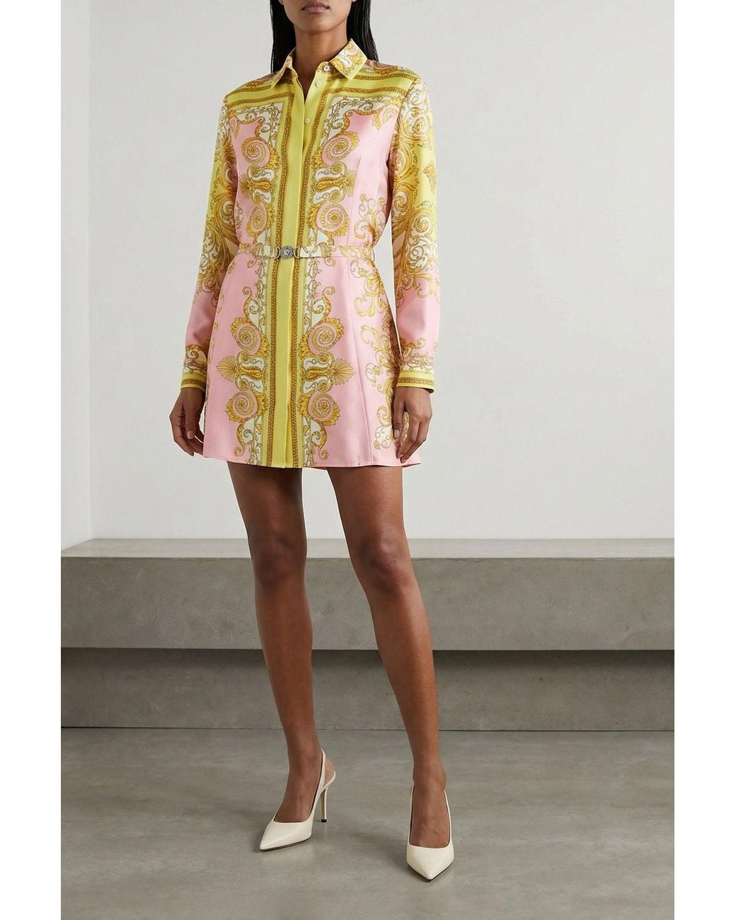Versace Metallic Silk Shirt Dress With Medusa Hardware