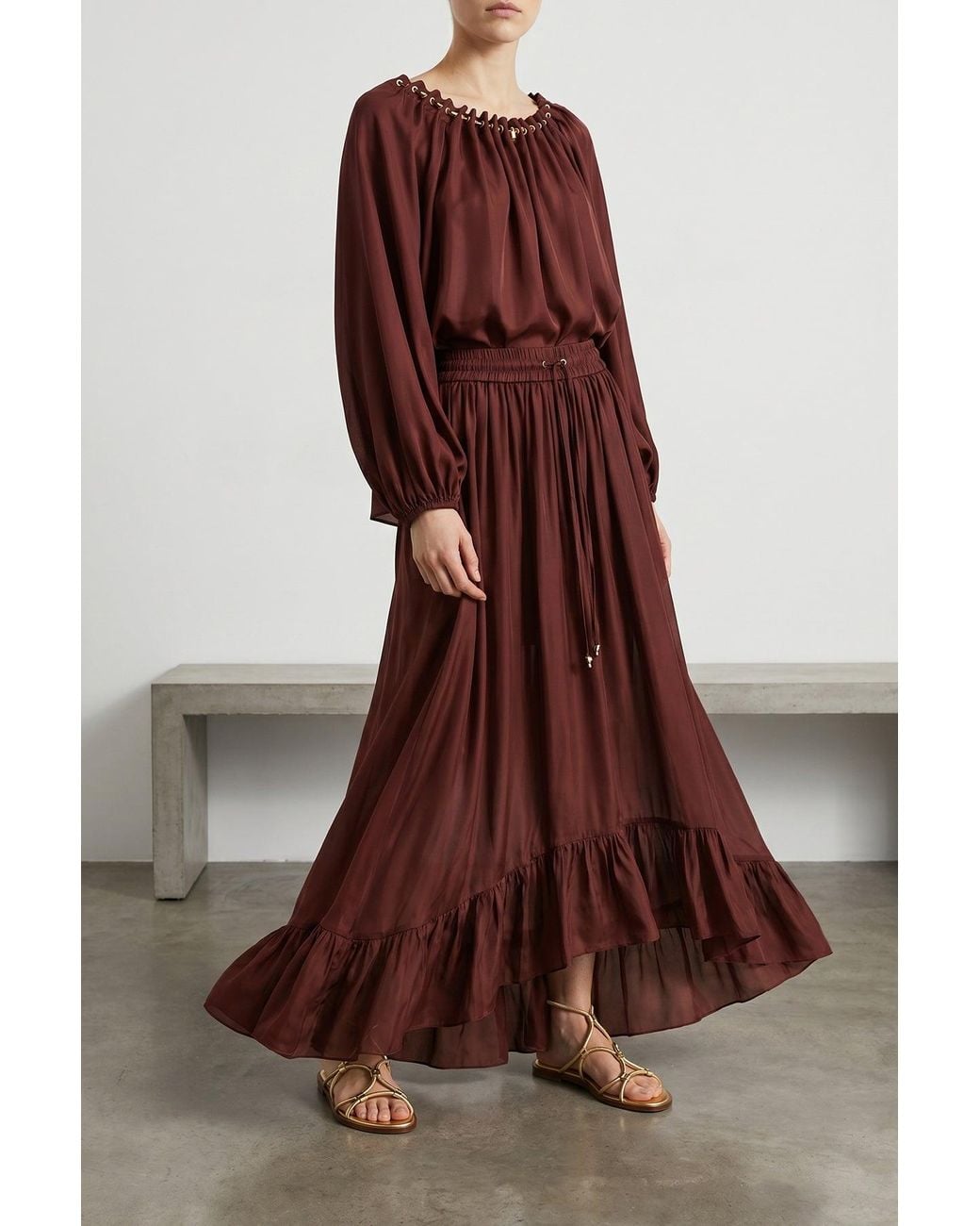 Zimmermann Brown Silk Maxi Skirt With Ruffled Hem
