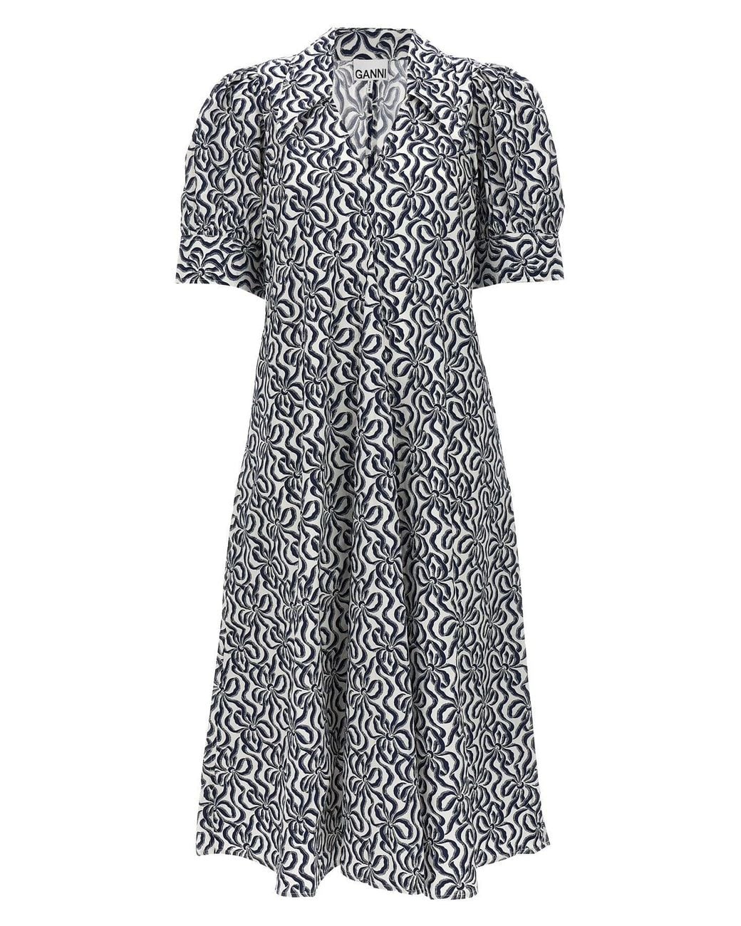 Ganni Gray 'Printed Cotton Poplin V-Neck Long' Dress