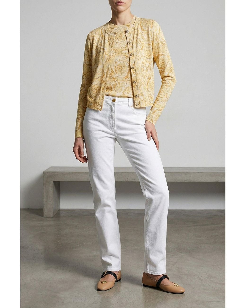 Versace Natural Sleeveless Top With Ribbed Trims