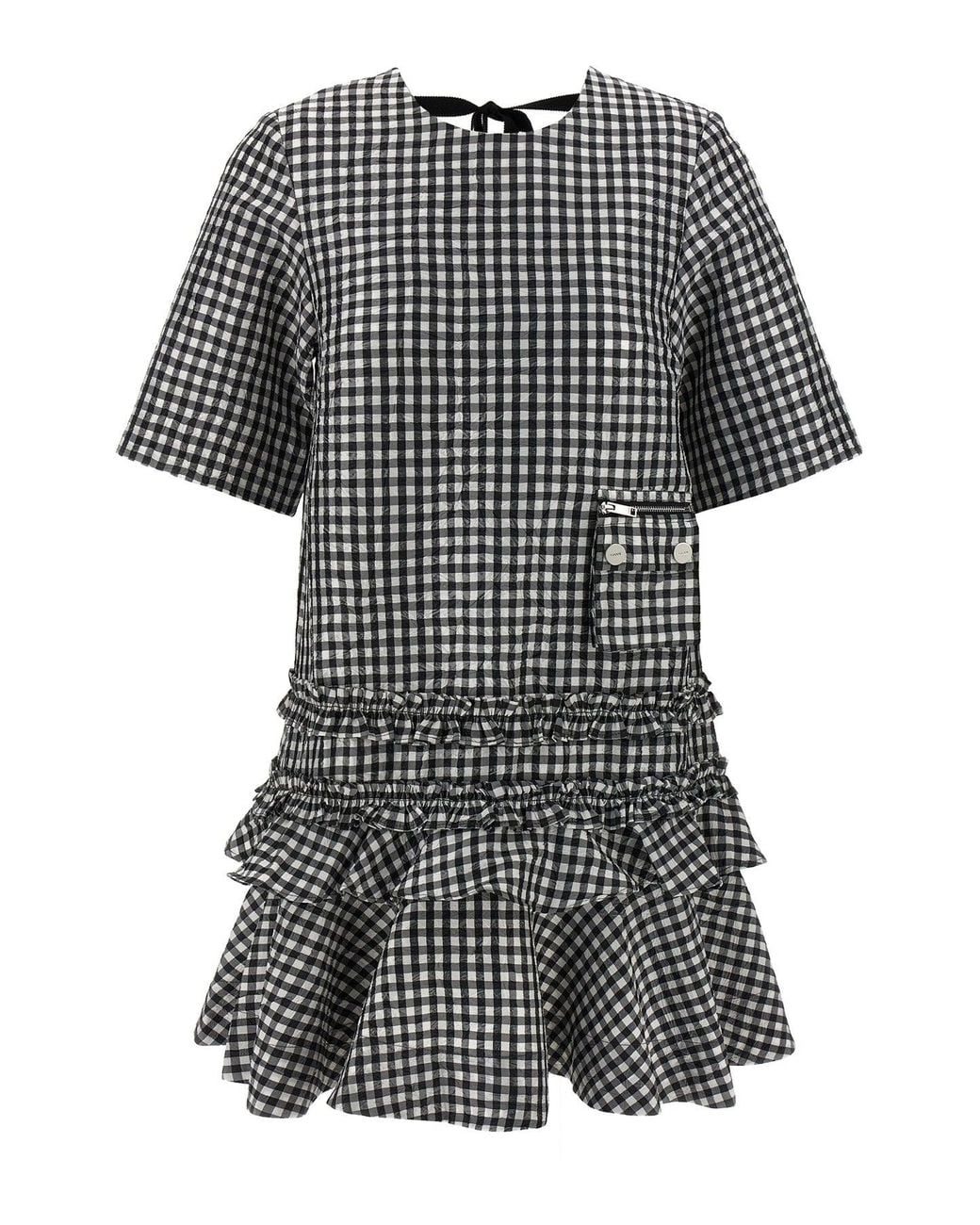 Ganni Black 'Crinkled Taffeta Check' Dress