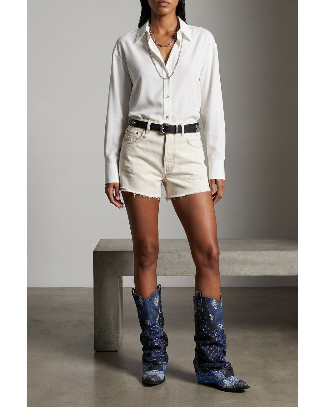 R13 White Denim Shorts With Frayed Hem