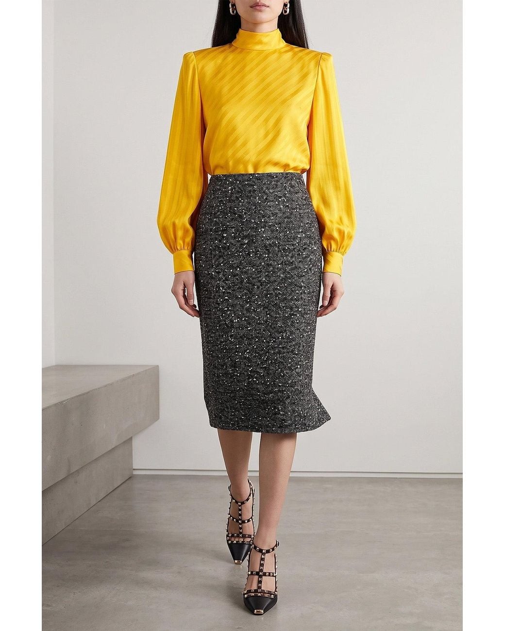 Valentino Garavani Yellow Silk Jacquard Top With Structured Shoulders