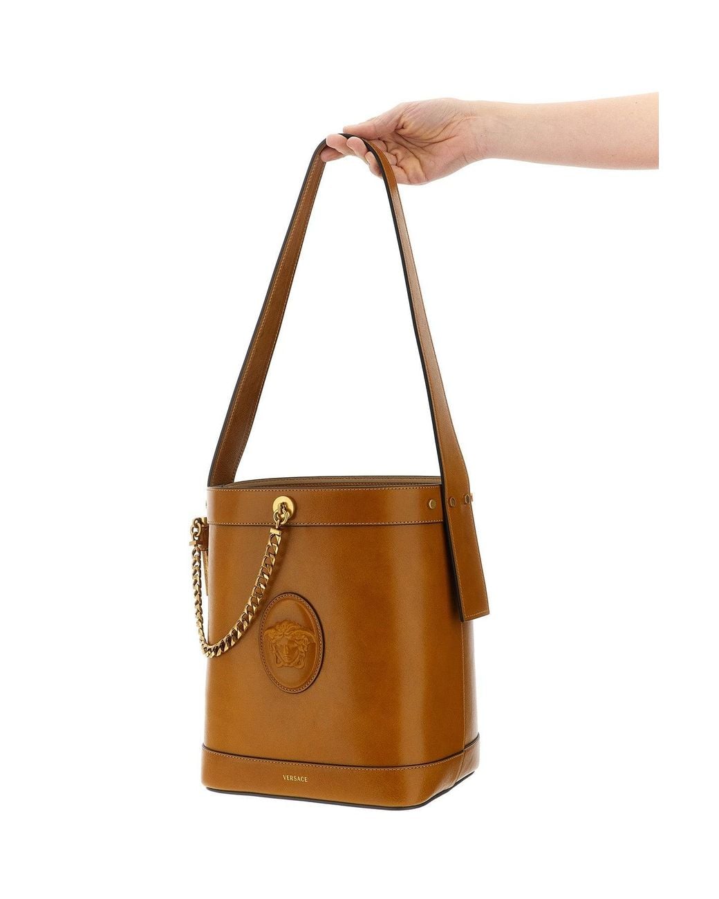 Versace Brown Leather Bucket Bag With Medusa Cameo