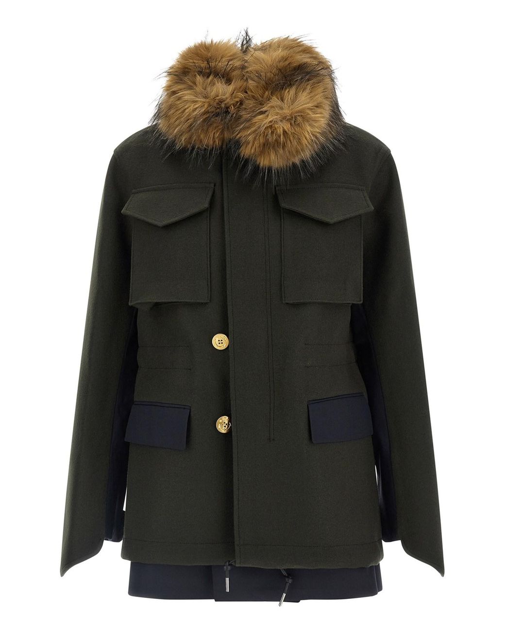 Sacai Black Wool Coat With Fur Insert