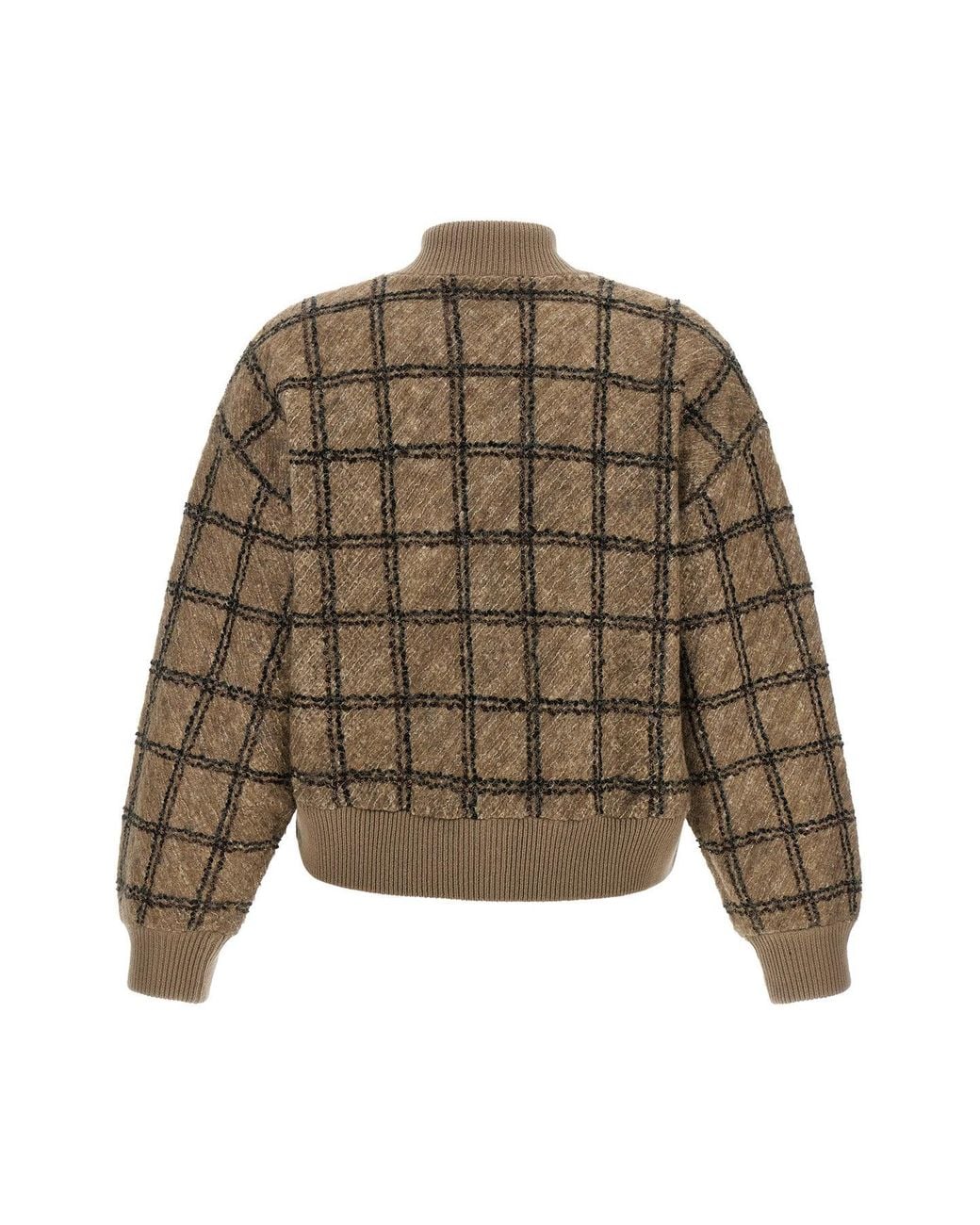 Brunello Cucinelli Brown Paillette Check Bomber Cardigan