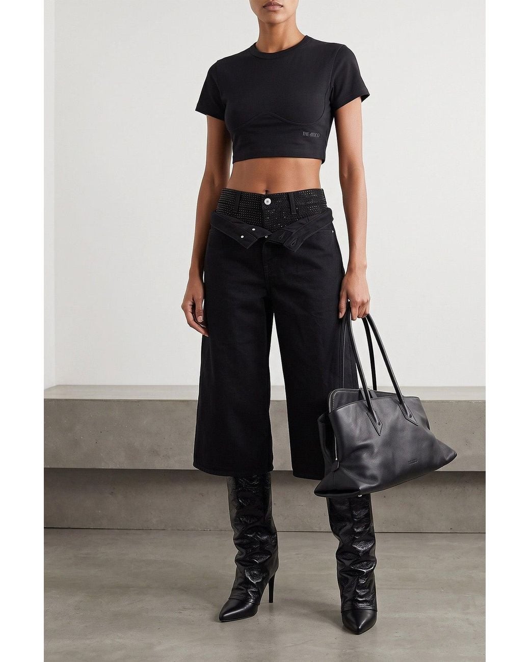The Attico Black Crystal-Embellished Cropped Jeans