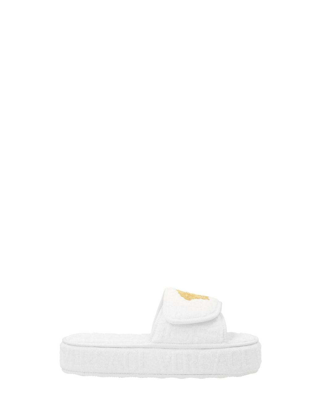 Versace White Terry Cloth Slides With Medusa Embroidery