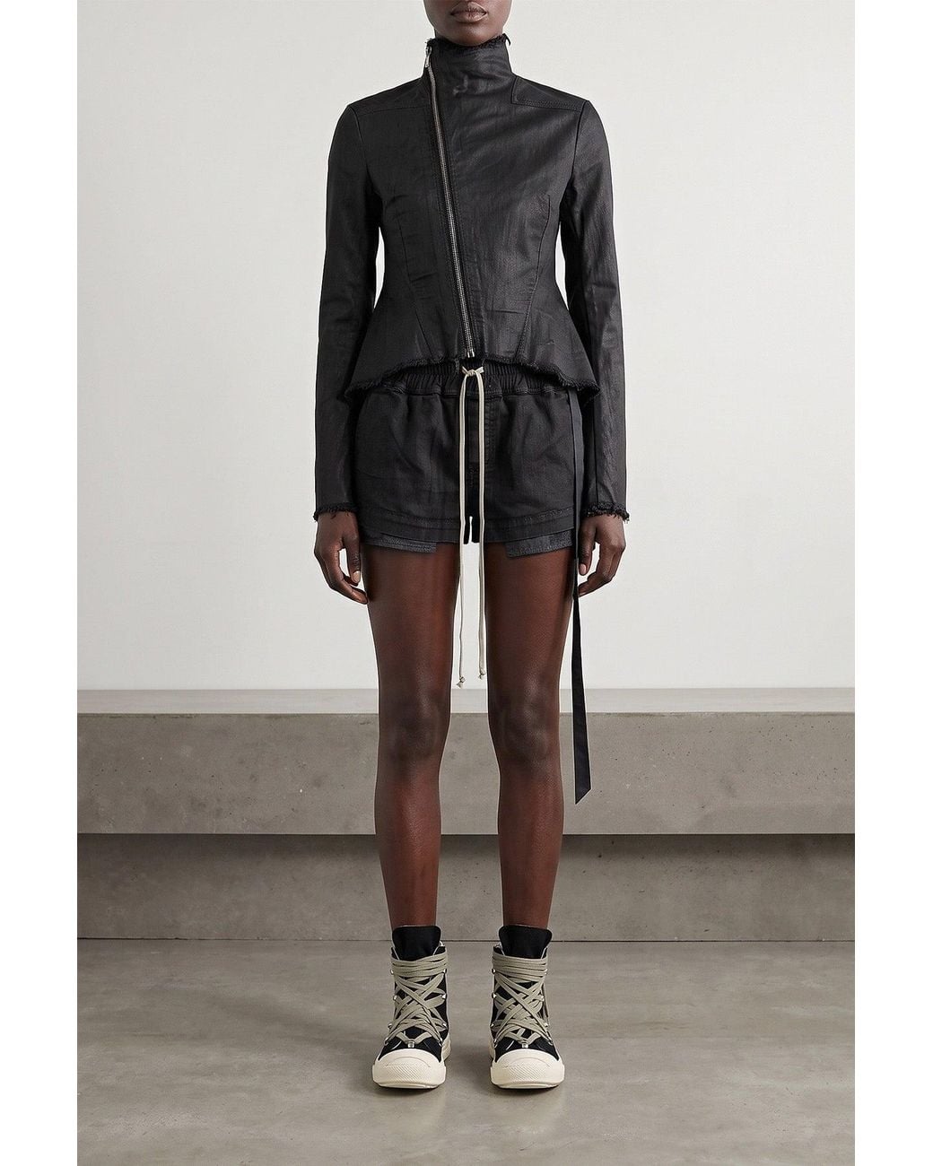 Rick Owens Black Denim Shorts With Layered Hem