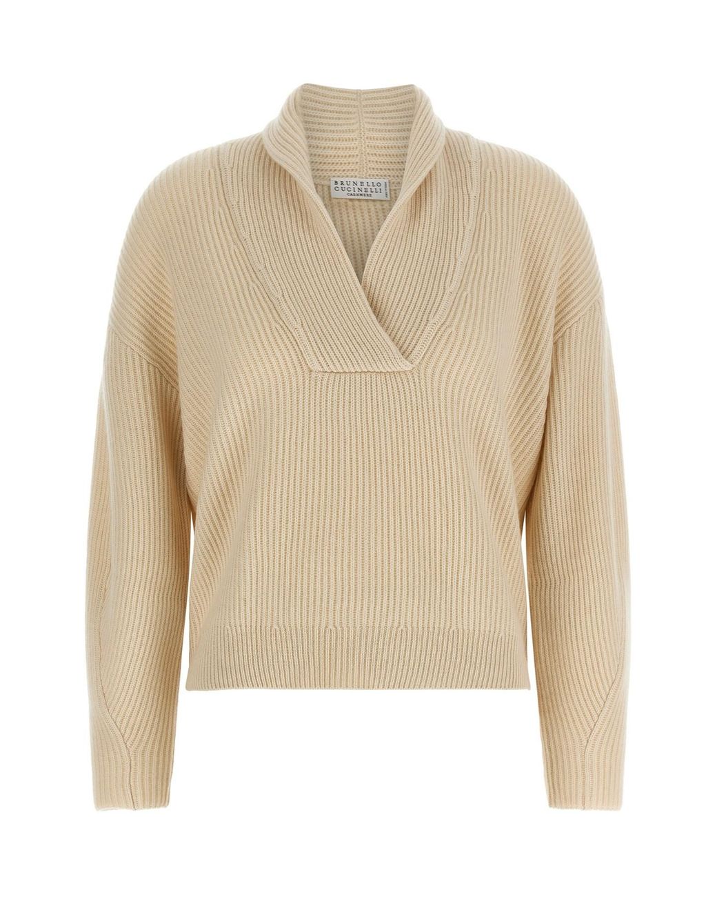 Brunello Cucinelli Natural Shawl Neck Ribbed Sweater