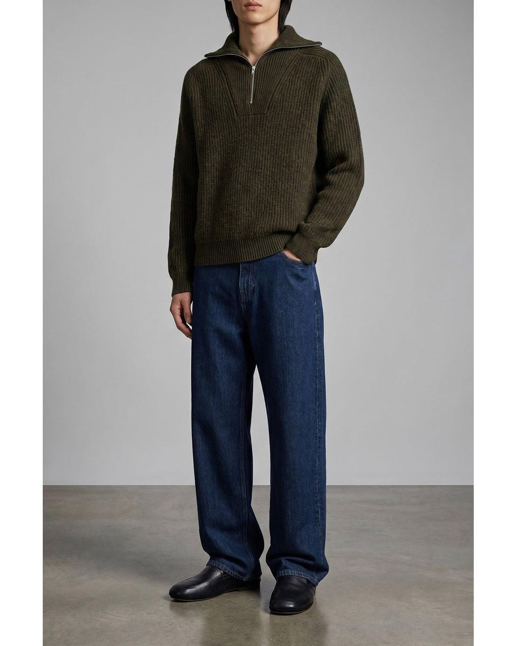 Jil Sander Green Ribbed Pure Wool Half-Zip Sweater for men