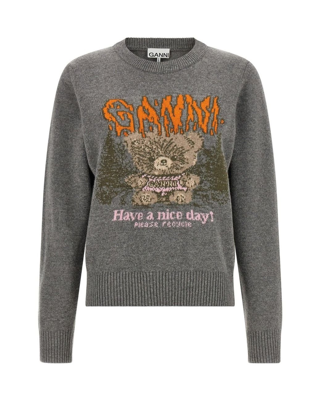 Ganni Gray Intarsia-Knit Sweater