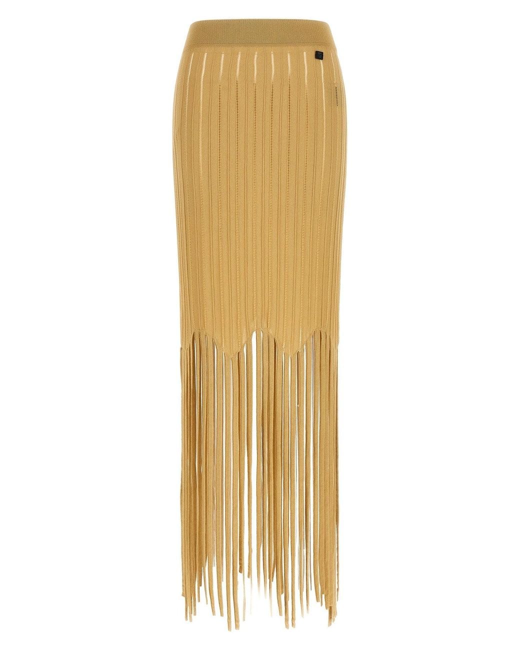 Balmain Metallic Midi Skirt With Fringed Hem