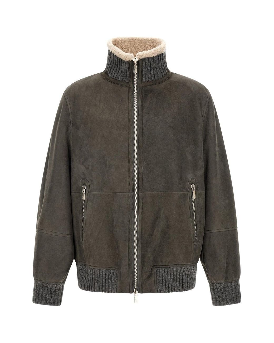 Brunello Cucinelli Gray Leather Jacket for men