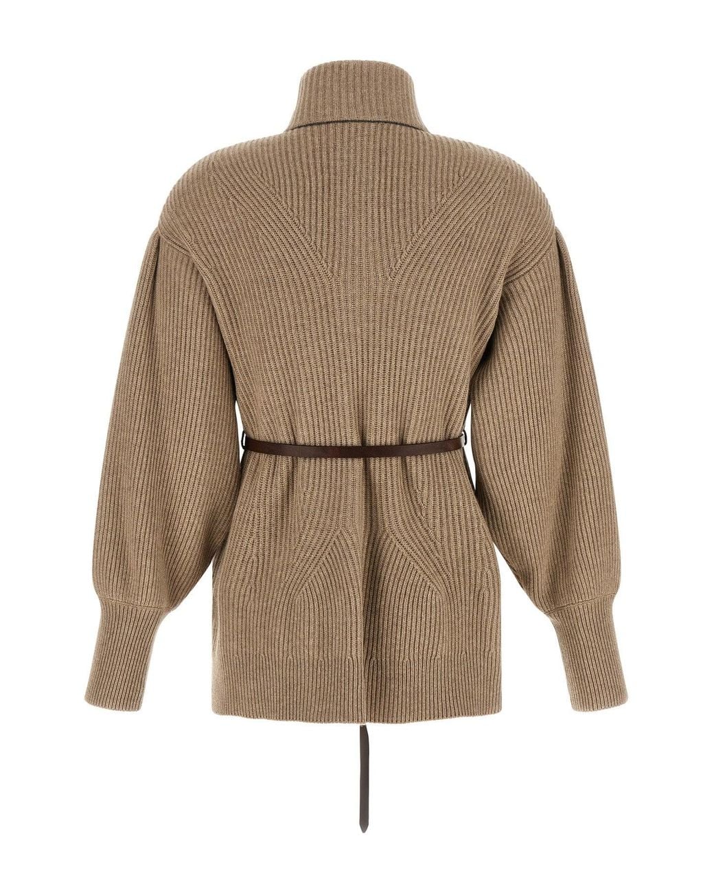 Brunello Cucinelli Natural Ribbed Knit Cardigan With Leather Belt