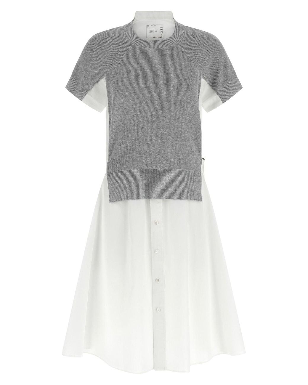 Sacai Gray Hybrid Shirt Dress With Ribbed Knit Panel