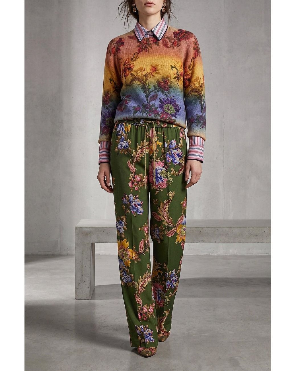 Etro Multicolor Crewneck Sweater With Floral Jacquard Knit