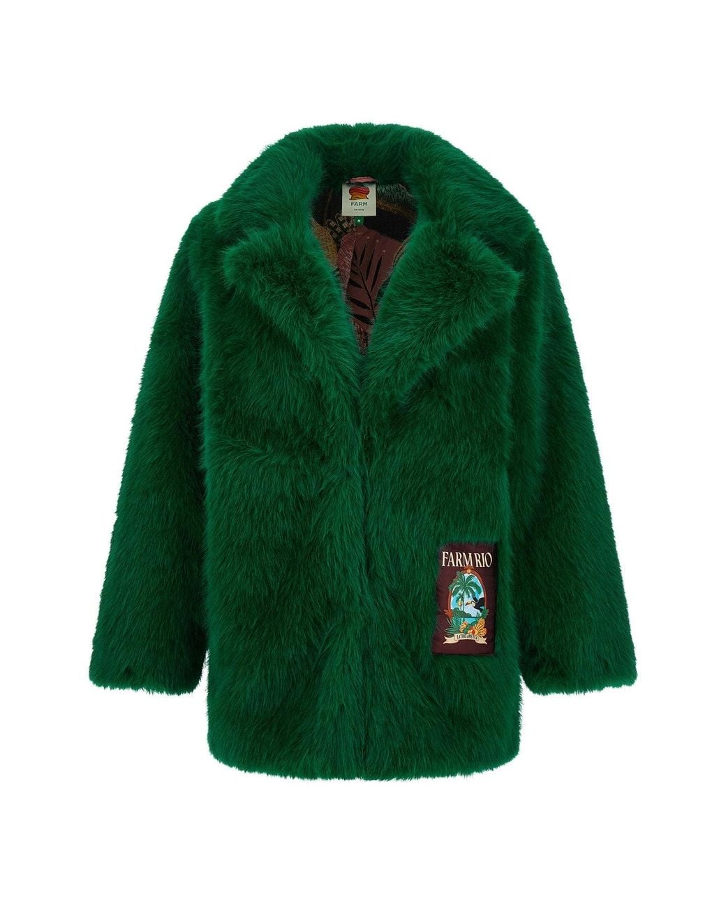 Farm Rio Green Graphic Patch Faux Fur Coat