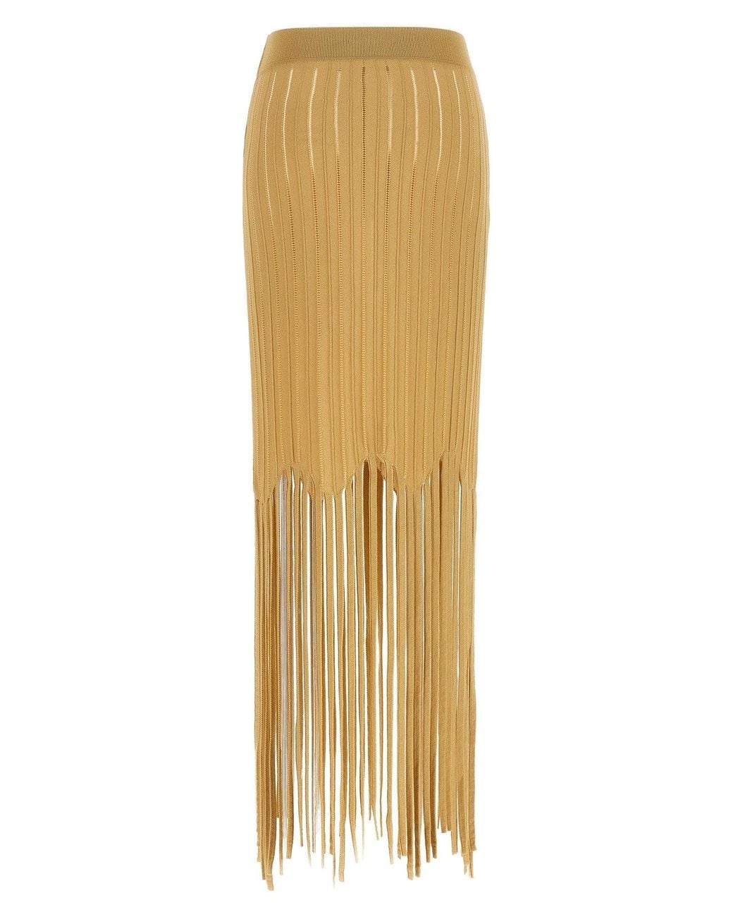Balmain Metallic Midi Skirt With Fringed Hem