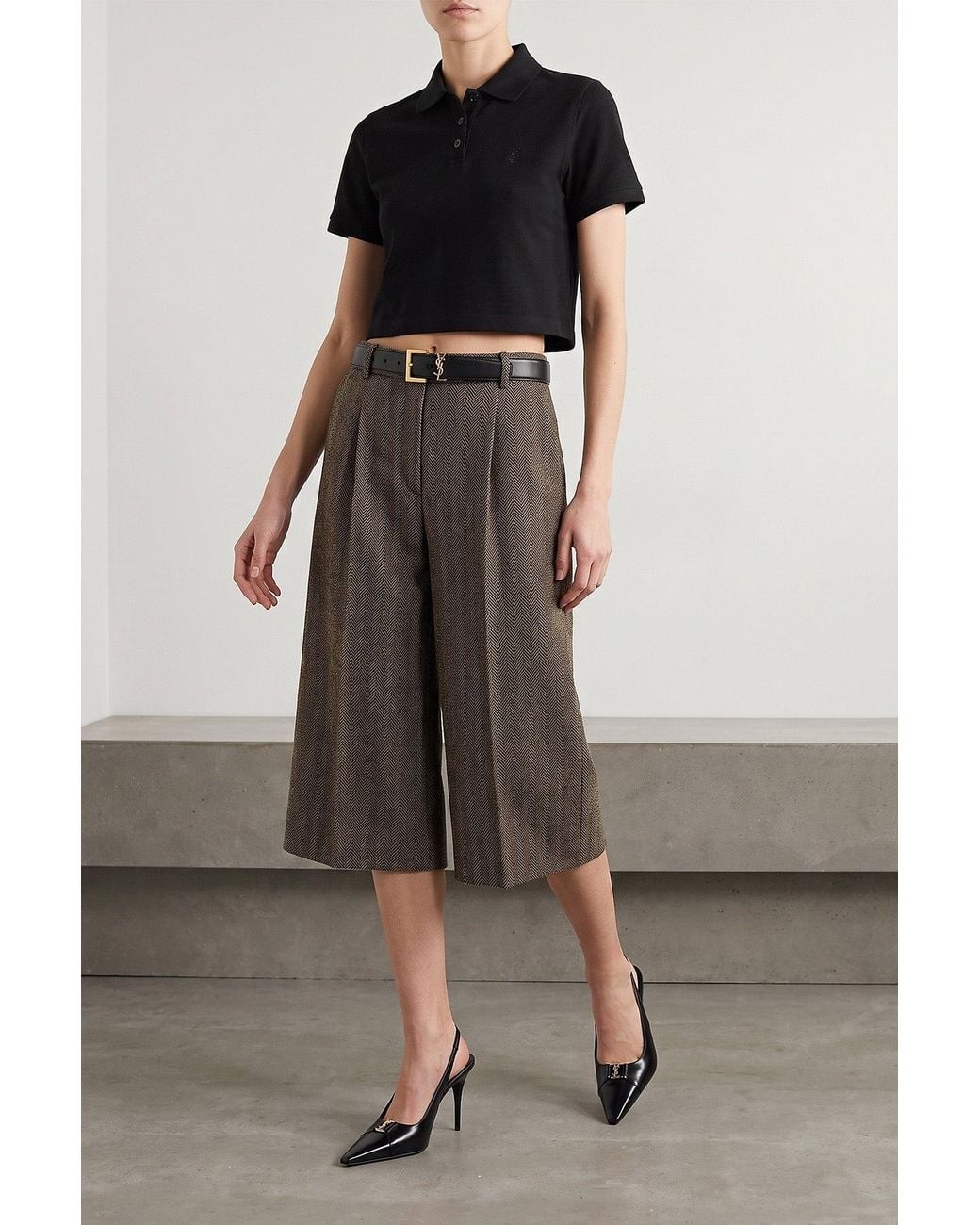 Saint Laurent Black Cassandre Cropped Polo Shirt