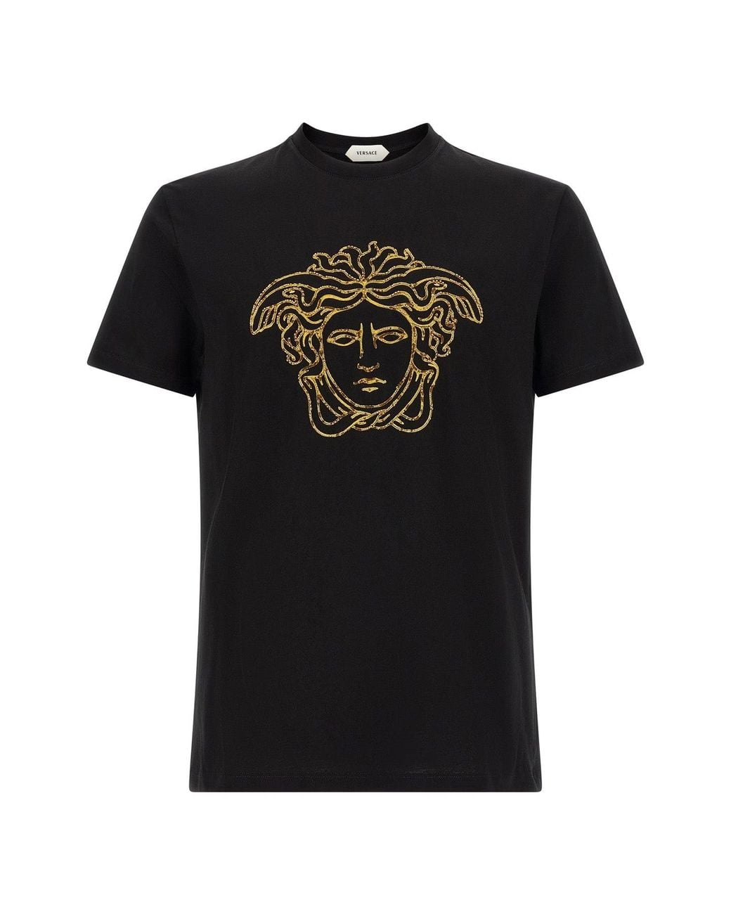 Versace Black Cotton T-Shirt With Medusa Embroidery for men