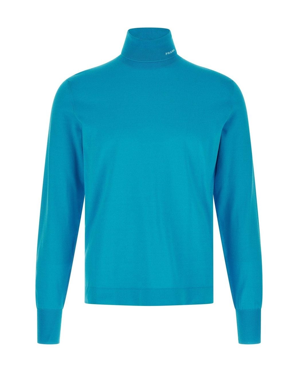 Prada Blue Cotton Turtleneck Sweater With Intarsia Logo for men