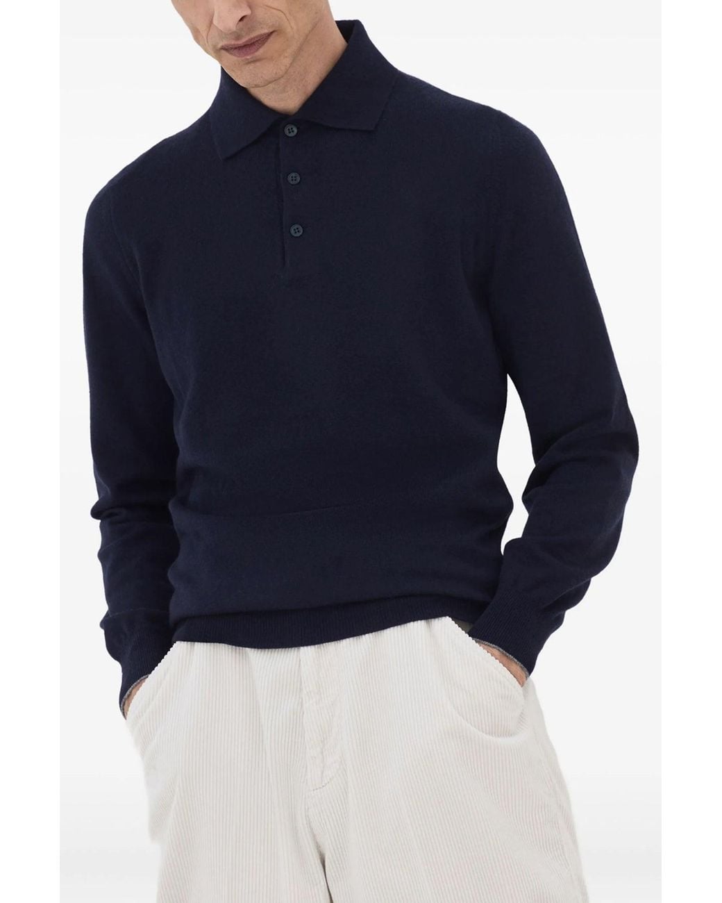 Brunello Cucinelli Blue Pure Cashmere Polo With Ribbed Trims for men
